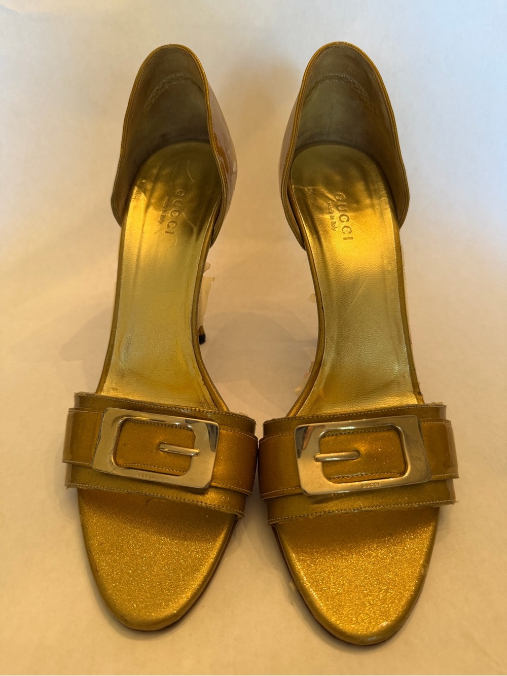 Gucci Metallic Gold Buckle Open-Toe Heels
